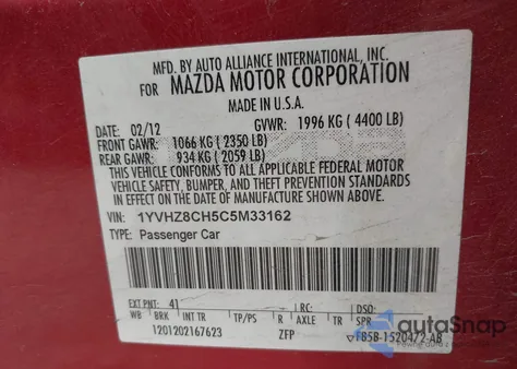 2012 Mazda Mazda6 I Grand Touring from USA, damaged, VIN 1YVHZ8CH5C5M33162